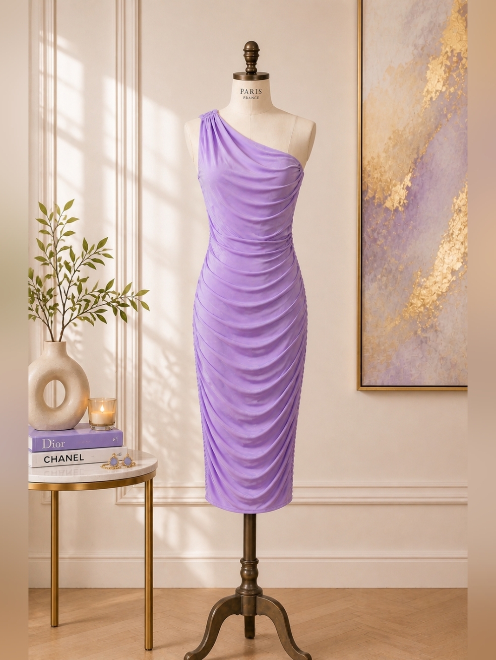 NWT-Glam Lilac Ruched One-Shoulder Dress – Size Large | Effortless Chic
